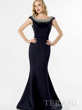 Terani Couture Black Beaded Boatneck Mermaid Gown